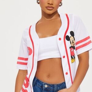 Fashion Nova White and Red Mickey Mouse Jersey Top